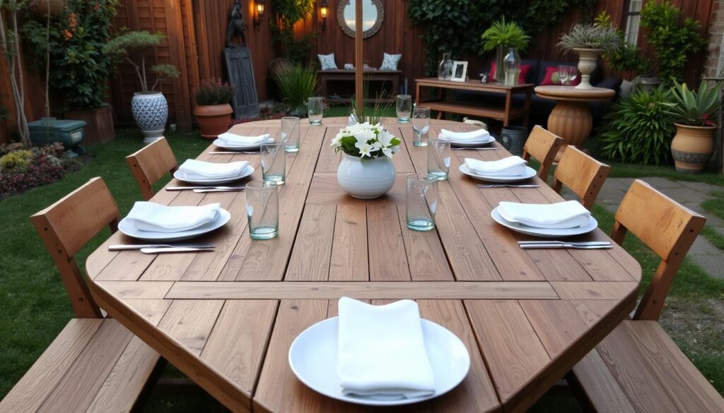 perfect onderhouden buitenbestendige houten tuintafel in een tuinsetting perfect onderhouden buitenbestendige houten tuintafel in een tuinsetting