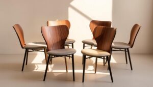 8 eetkamerstoelen met houten rugleuning en gestoffeerde zitting in een lichte ruimte.