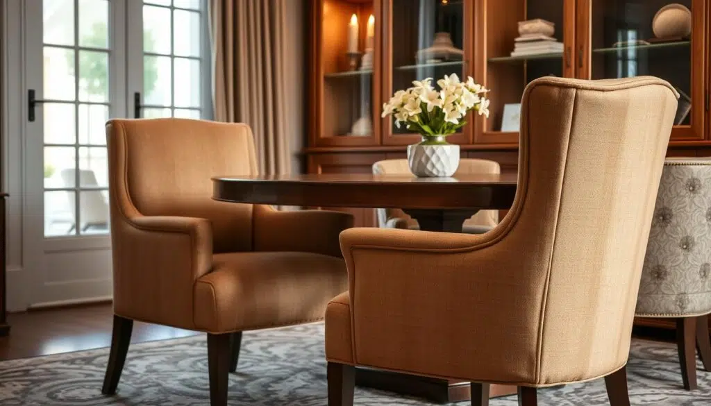 Twee stoffen eetkamerstoelen met een ronde tafel en een vaas met bloemen in een binnenruimte.