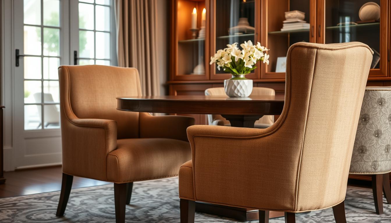 Twee stoffen eetkamerstoelen met een ronde tafel en een vaas met bloemen in een binnenruimte.