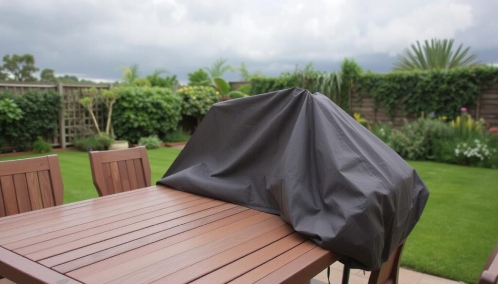 tafel met beschermhoes tegen weerinvloeden