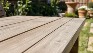 teak buitentafel in een zonnige tuin met natuurlijke vergrijzing