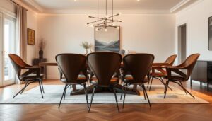 Zeven moderne eetkamerstoelen met een unieke vorm en leren bekleding rond een eettafel.