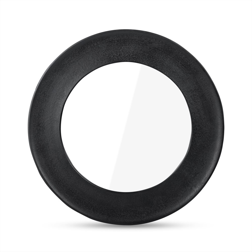 De Spiegel Rond Zwart Groot is een ronde wandspiegel met een brede, matzwarte lijst tegen een witte achtergrond.