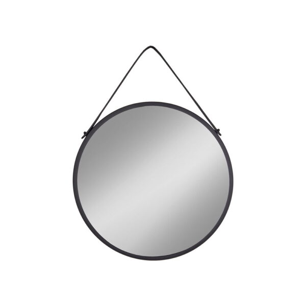 De Trapani spiegel, met een zwart stalen frame en PU-band (Ø38 cm), hangt tegen een effen witte achtergrond.