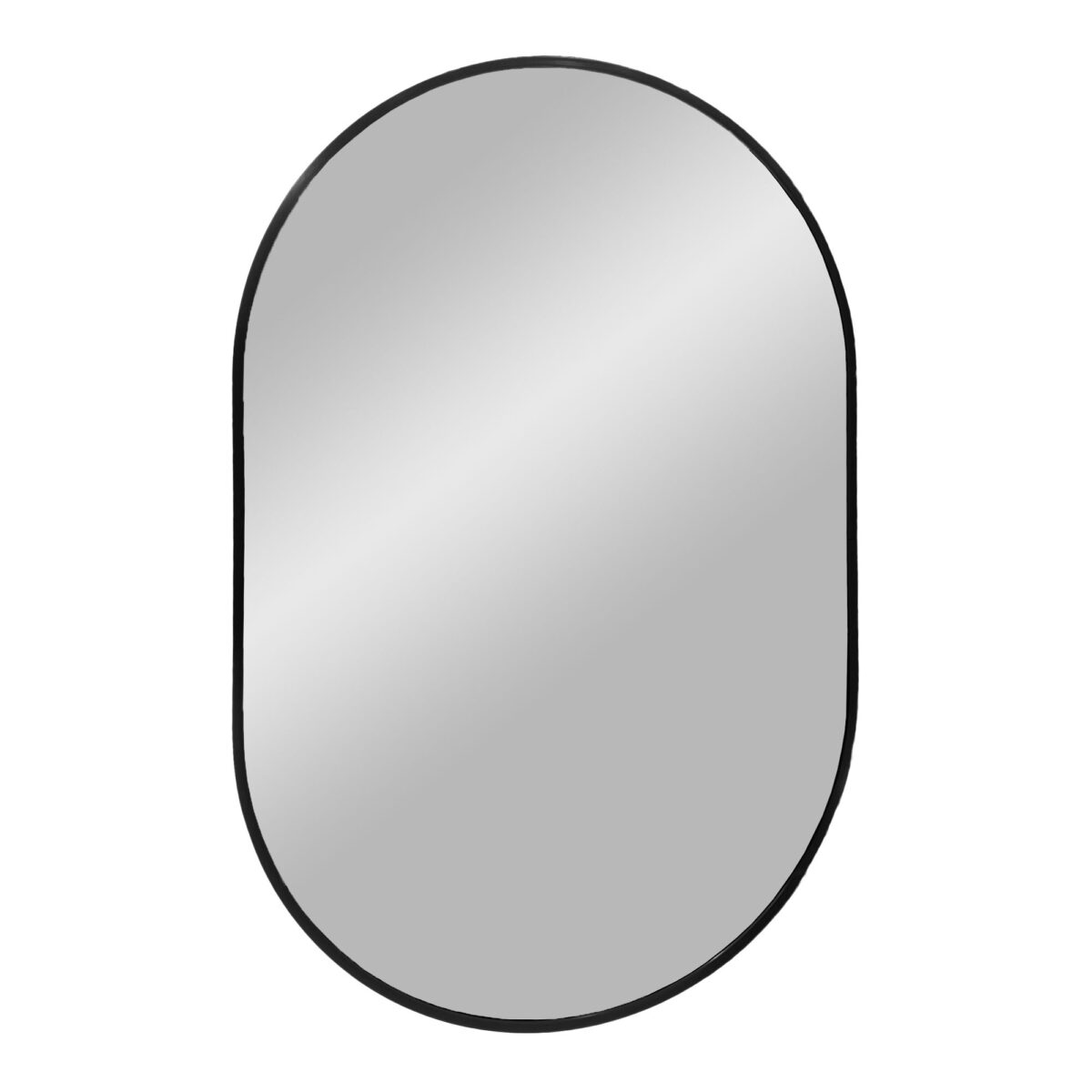 De Madrid spiegel heeft een ovaal ontwerp met een dunne zwarte lijst, meet 50x80 cm en weerspiegelt prachtig een neutrale witte achtergrond.