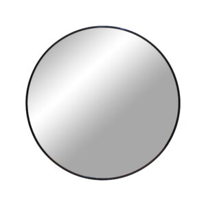 De Madrid spiegel heeft een slanke zwarte lijst en een rond ontwerp van 60 cm, waardoor het licht prachtig wordt gereflecteerd tegen een effen witte achtergrond.