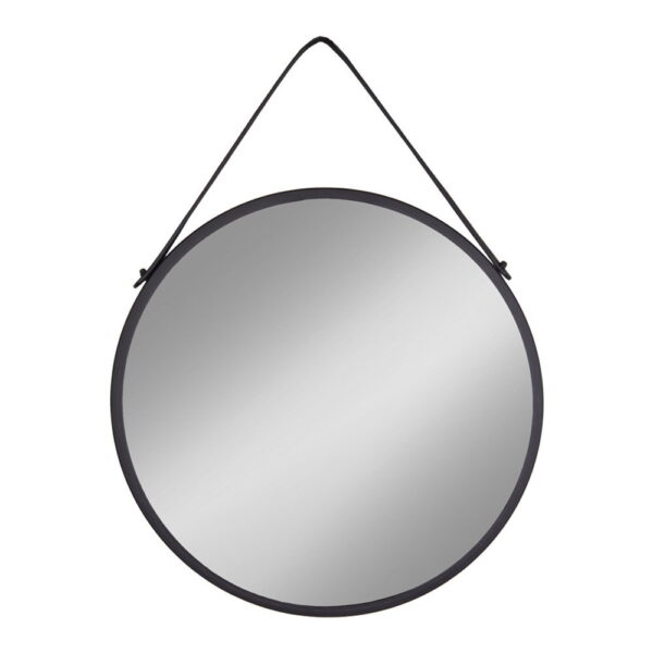 De Trapani spiegel heeft een zwart stalen frame en PU-band, meet Ø60 cm en hangt tegen een effen witte achtergrond.
