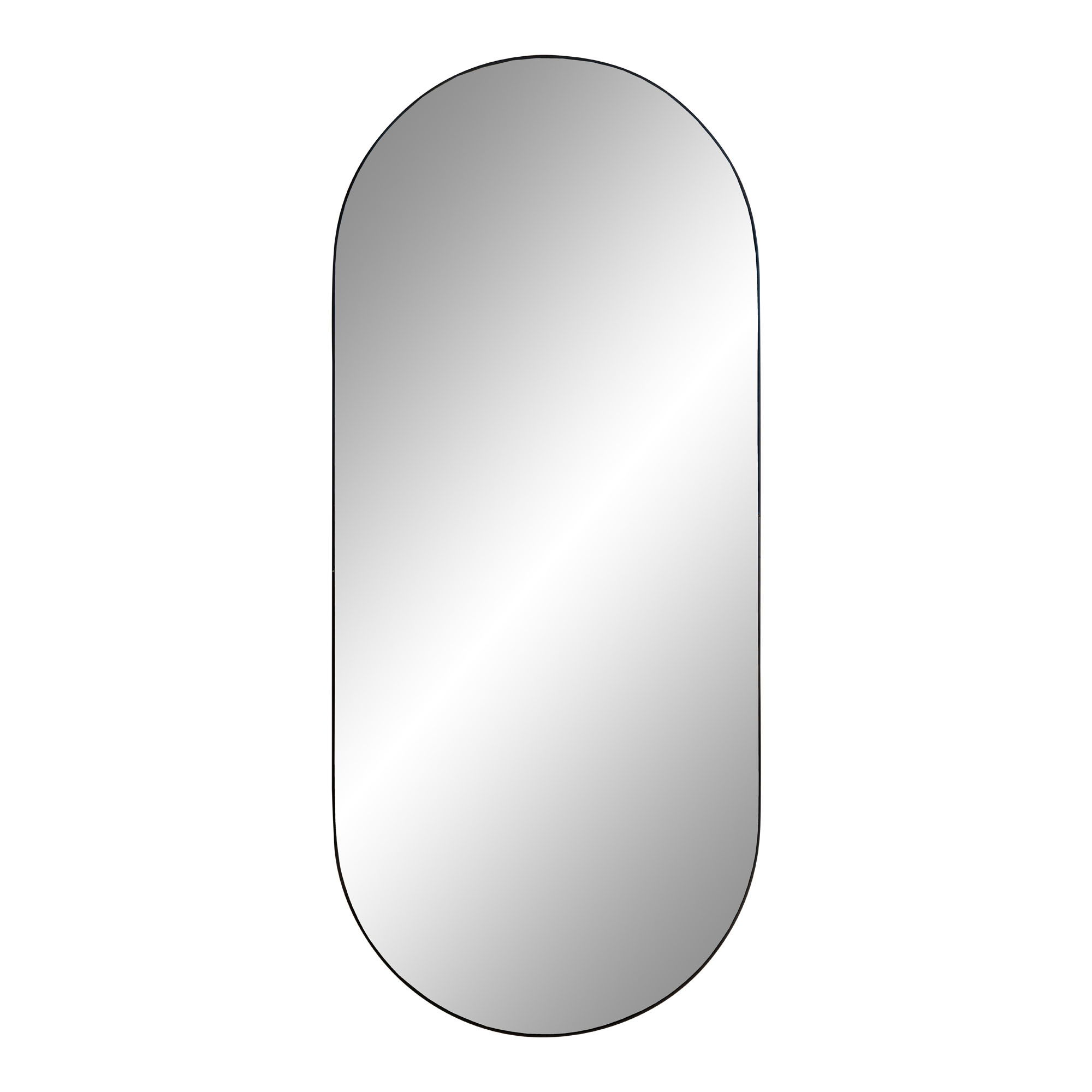 De Jersey Mirror Oval is een ovaalvormige spiegel met een dunne zwarte lijst van 35x80 cm tegen een effen witte achtergrond.