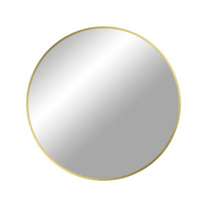 De Madrid spiegel heeft een dun frame in messing-look en een rond ontwerp van Ø60 cm, dat het licht prachtig reflecteert tegen een effen witte achtergrond.