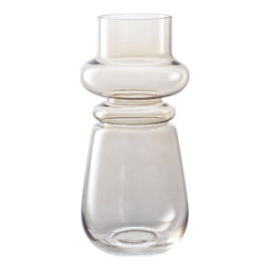 Een moderne glazen vaas met de naam "Vase", met een breed midden, afgeronde details bij de hals en een taps toelopende basis, tegen een witte achtergrond.