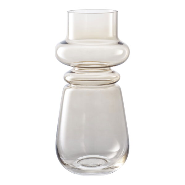 Een moderne glazen vaas met de naam "Vase", met een breed midden, afgeronde details bij de hals en een taps toelopende basis, tegen een witte achtergrond.