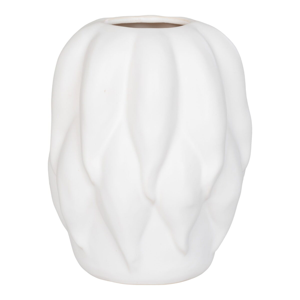Beige vaas van keramiek van 19,5x19,5x26 cm, met een organisch, gestructureerd oppervlak dat lijkt op overlappende bloemblaadjes of bladeren en een kleine opening aan de bovenkant.