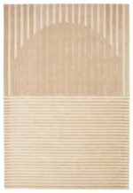 Het Fano White Beige 200x300 vloerkleed heeft een modern geometrisch patroon met verticale strepen die een subtiele boog vormen op de bovenste helft en horizontale strepen op de onderkant, allemaal in verschillende beige tinten.