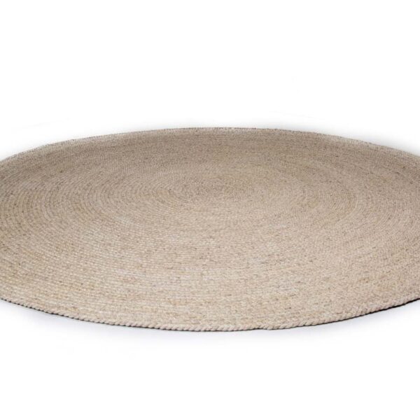 De Bellano ST Cloud White 815 ø200 is een rond, geweven beige tapijt met een minimalistische natuurlijke textuur, plat liggend op een witte ondergrond.
