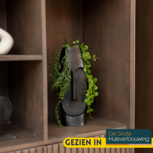 De Vaas Liv - Zwart | Small, met een gezichtsontwerp, toont wuivend groen op een houten plank; in de hoek staat een De Grote Huisverbouwing GEZIEN IN logo.