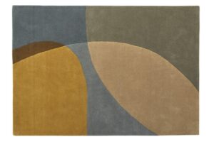 Het Shades 070 Vintage 160x230 vloerkleed heeft abstracte, overlappende rechthoeken in mosterdgeel, grijs, beige, donkerblauw en olijfgroen voor een moderne geometrische look.