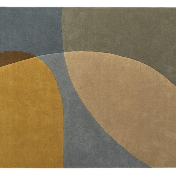 Het Shades 070 Vintage 160x230 vloerkleed heeft abstracte, overlappende rechthoeken in mosterdgeel, grijs, beige, donkerblauw en olijfgroen voor een moderne geometrische look.