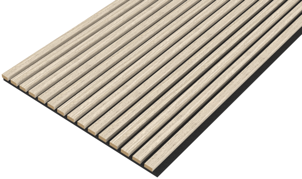 De Akupanel Eiken Light Naturel 270 x 60 cm Lattenwand Akoestische wandpanelen hebben gelijkmatig verdeelde, verticale lichthouten latten op een donkere ondergrond, schuin afgebeeld tegen een effen achtergrond.