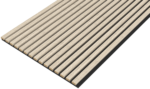 De Akupanel Eiken Light Naturel 270 x 60 cm Lattenwand Akoestische wandpanelen hebben gelijkmatig verdeelde, verticale lichthouten latten op een donkere ondergrond, schuin afgebeeld tegen een effen achtergrond.