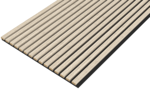 De Akupanel Eiken Light Naturel 270 x 60 cm Lattenwand Akoestische wandpanelen hebben gelijkmatig verdeelde, verticale lichthouten latten op een donkere ondergrond, schuin afgebeeld tegen een effen achtergrond.
