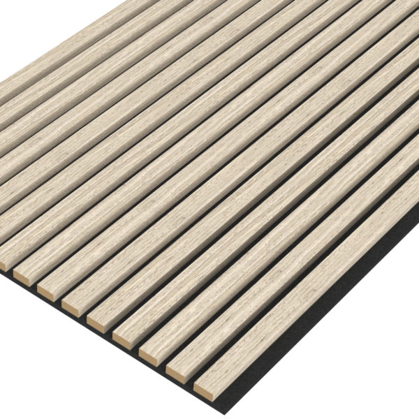 De Akupanel Eiken Light Naturel 270 x 60 cm Lattenwand Akoestische wandpanelen hebben gelijkmatig verdeelde, verticale lichthouten latten op een donkere ondergrond, schuin afgebeeld tegen een effen achtergrond.