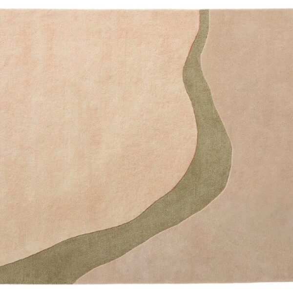 Het Organix 750 Khaki 160x230 vloerkleed heeft een minimalistisch, abstract ontwerp met zachte pastelkleuren en een golvende olijfgroene lijn die lichtroze en beige secties verdeelt.