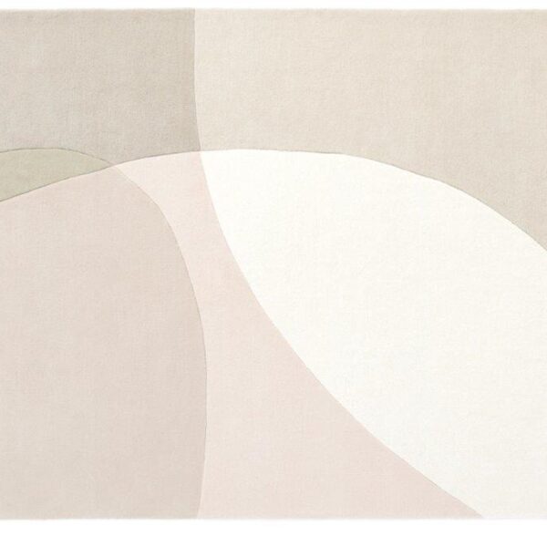 Het Shades 100 White 160x230 vloerkleed heeft abstracte, overlappende vormen in beige, crème, blush en lichtgrijs voor een minimalistische, moderne look met zachte rondingen en vloeiende kleurovergangen.