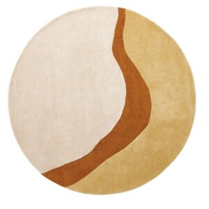 Het Organix 510 Gold 200Ø is een rond vloerkleed met een abstract ontwerp in beige, crème en goudtinten, met een opvallende bruine golvende streep over het oppervlak.