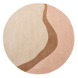 De Organix 620 Blush 200Ø is een rond vloerkleed met abstracte vormen in lichtbeige en zachtroze, gescheiden door een golvende bruine lijn.