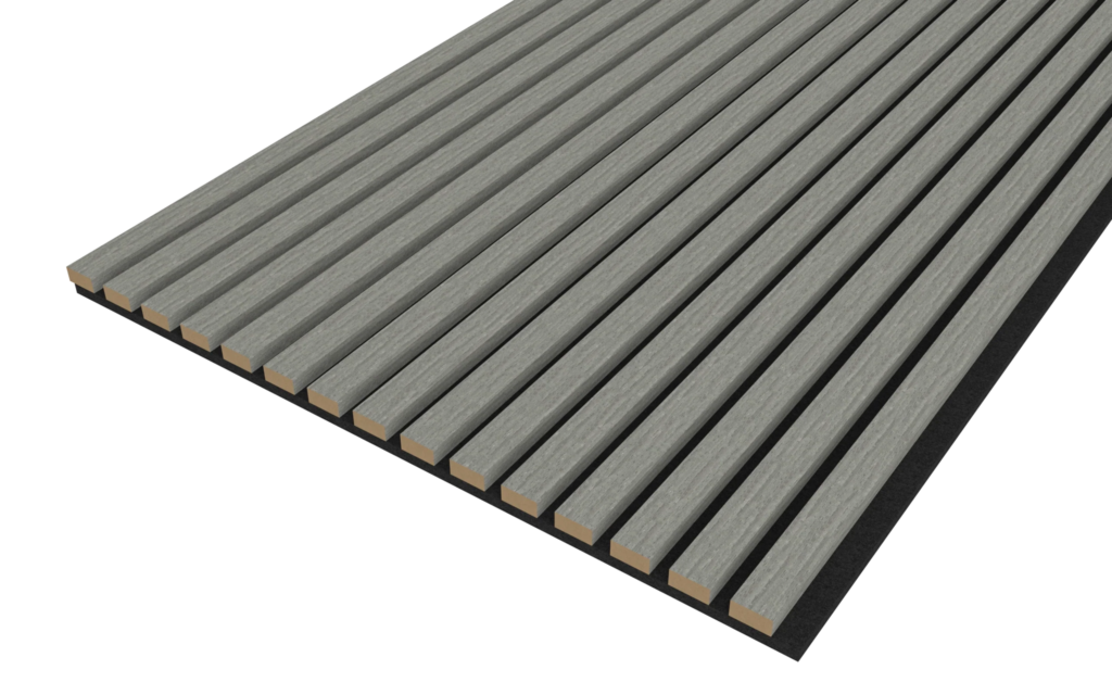 Een perspectiefaanzicht van de Akupanel Eiken Grijs 270 x 60 cm Lattenwand Akoestische wandpanelen, met parallelle, gelijkmatig verdeelde grijze latten met houtkleurige randen, tegen een donkere achtergrond.