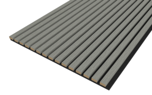Een perspectiefaanzicht van de Akupanel Eiken Grijs 270 x 60 cm Lattenwand Akoestische wandpanelen, met parallelle, gelijkmatig verdeelde grijze latten met houtkleurige randen, tegen een donkere achtergrond.