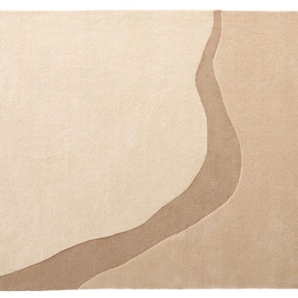 Het Organix 210 Linnen 160x230 is een rechthoekig beige vloerkleed met golvende lijnen die twee beige tinten verdelen, waardoor een abstracte, minimalistische look ontstaat.