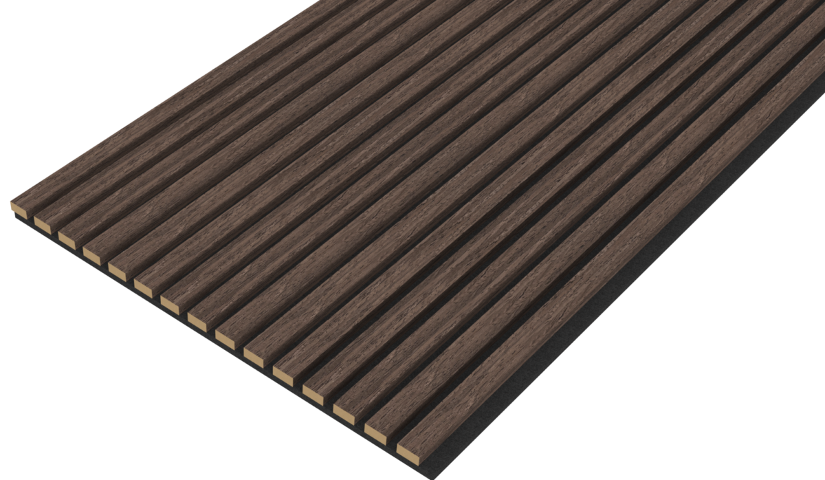 Het Akupanel Eiken Dark Walnoot 270 x 60 cm akoestisch wandpaneel heeft een rechthoekige vorm met gelijkmatig verdeelde smalle latten, een donkerbruine afwerking en lichte randen, getoond vanuit een schuin perspectief.