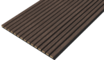 Het Akupanel Eiken Dark Walnoot 270 x 60 cm akoestisch wandpaneel heeft een rechthoekige vorm met gelijkmatig verdeelde smalle latten, een donkerbruine afwerking en lichte randen, getoond vanuit een schuin perspectief.