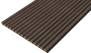 Het Akupanel Eiken Dark Walnoot 270 x 60 cm akoestisch wandpaneel heeft een rechthoekige vorm met gelijkmatig verdeelde smalle latten, een donkerbruine afwerking en lichte randen, getoond vanuit een schuin perspectief.