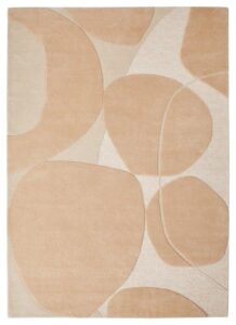 Het Bolsena Pink 200x300 vloerkleed heeft een abstract ontwerp met overlappende organische, ronde vormen en zachte rondingen in beige en lichtbruine tinten.
