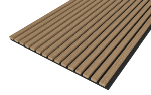 De Akupanel Eiken Mokka 260 x 60 cm Lattenwand Akoestische wandpanelen hebben evenwijdig geplaatste, parallelle houten latten op een zwarte ondergrond, getoond vanuit een schuin perspectief.