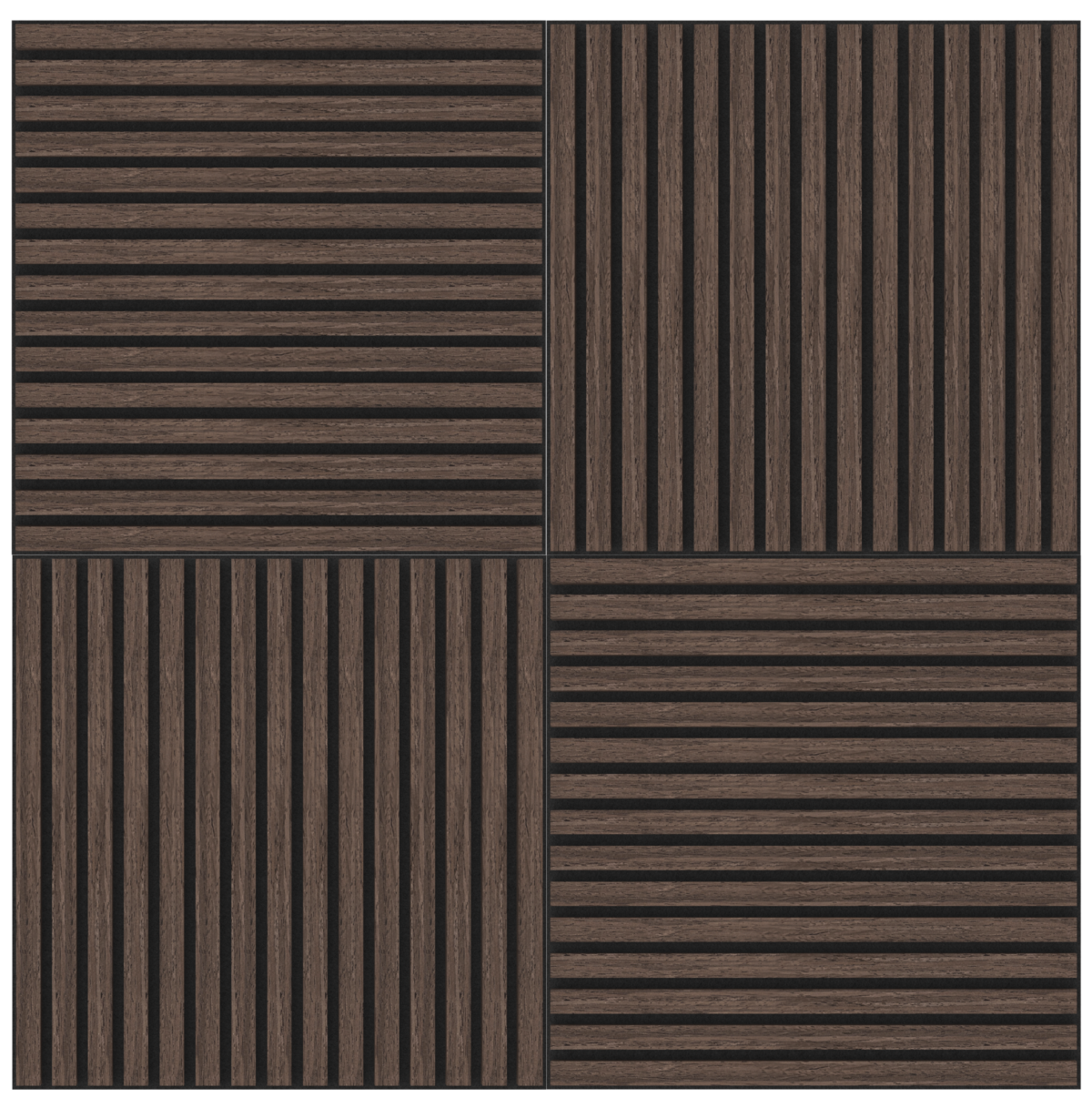 De Akupanel Eiken Donkere Walnoot 60 x 60 cm Lattenwand akoestische wandpanelen heeft vier houten panelen met donkerbruine latten in afwisselend verticale en horizontale richtingen voor een geometrische, rastervormige look.