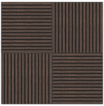 De Akupanel Eiken Donkere Walnoot 60 x 60 cm Lattenwand akoestische wandpanelen heeft vier houten panelen met donkerbruine latten in afwisselend verticale en horizontale richtingen voor een geometrische, rastervormige look.