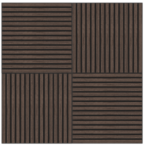 De Akupanel Eiken Donkere Walnoot 60 x 60 cm Lattenwand akoestische wandpanelen heeft vier houten panelen met donkerbruine latten in afwisselend verticale en horizontale richtingen voor een geometrische, rastervormige look.