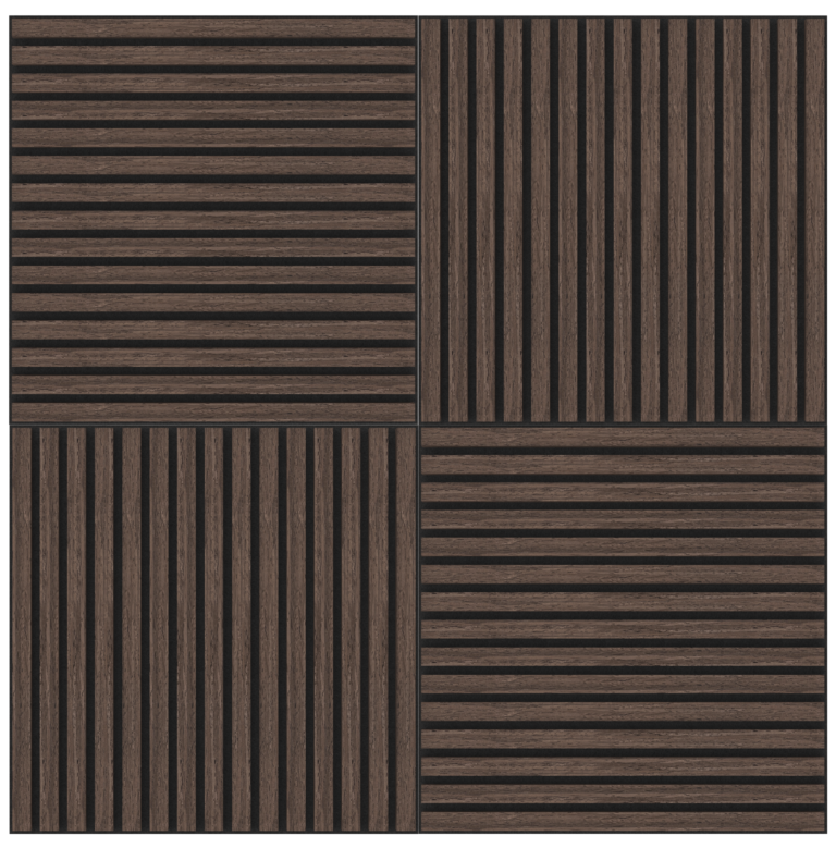 De Akupanel Eiken Donkere Walnoot 60 x 60 cm Lattenwand akoestische wandpanelen heeft vier houten panelen met donkerbruine latten in afwisselend verticale en horizontale richtingen voor een geometrische, rastervormige look.