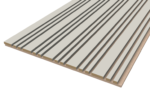 Het Akupanel Akoestische Wandpanelen Tripple Akupanelen 270 x 60 cm in Beige op Beige heeft een rechthoekig ontwerp met gelijkmatig verdeelde, parallelle zwarte groeven die in de lengterichting over het lichtgekleurde oppervlak lopen.