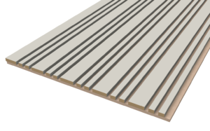 Het Akupanel Akoestische Wandpanelen Tripple Akupanelen 270 x 60 cm in Beige op Beige heeft een rechthoekig ontwerp met gelijkmatig verdeelde, parallelle zwarte groeven die in de lengterichting over het lichtgekleurde oppervlak lopen.