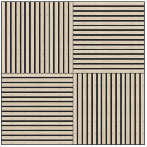 De Akupanel Eiken Light Naturel 60 x 60 cm akoestische wandpanelen hebben een geometrisch raster van vier vierkanten: twee met verticale beige en zwarte strepen, twee met horizontale strepen, om en om.