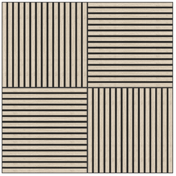 De Akupanel Eiken Light Naturel 60 x 60 cm akoestische wandpanelen hebben een geometrisch raster van vier vierkanten: twee met verticale beige en zwarte strepen, twee met horizontale strepen, om en om.