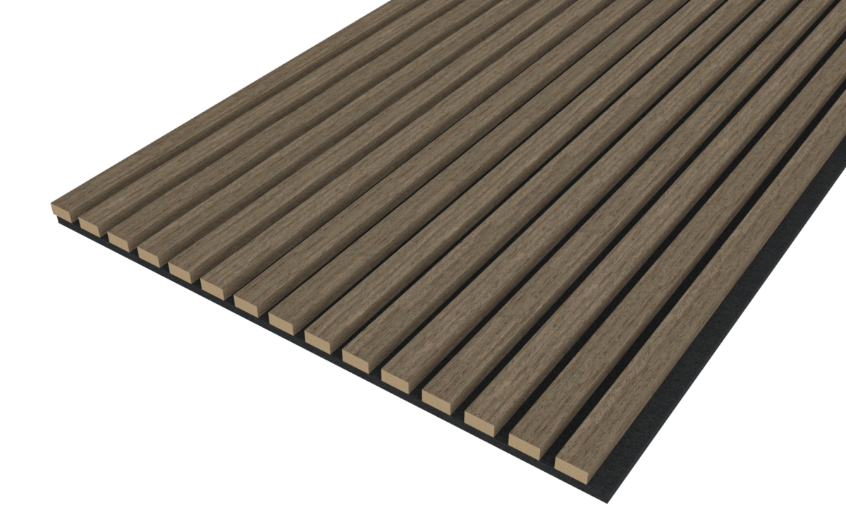 De Akupanel Eiken Walnoot 270 x 60 cm Lattenwand is een houten akoestisch wandpaneel met gelijkmatig verdeelde verticale latten op een zwarte drager, afgebeeld vanuit een schuin bovenaanzicht.