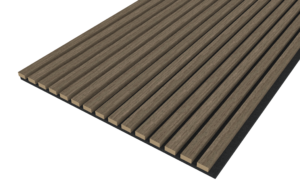 De Akupanel Eiken Walnoot 270 x 60 cm Lattenwand is een houten akoestisch wandpaneel met gelijkmatig verdeelde verticale latten op een zwarte drager, afgebeeld vanuit een schuin bovenaanzicht.