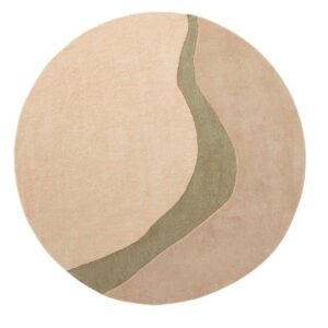 Het Organix 750 Khaki 200Ø is een rond tapijt in beige en lichtroze, met een minimaal, abstract ontwerp met een olijfgroene golvende lijn die diagonaal van linksonder naar rechtsboven loopt.