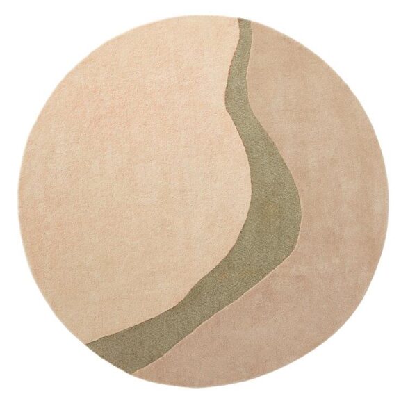 Het Organix 750 Khaki 200Ø is een rond tapijt in beige en lichtroze, met een minimaal, abstract ontwerp met een olijfgroene golvende lijn die diagonaal van linksonder naar rechtsboven loopt.